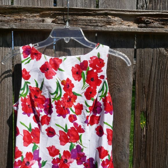 Chaps Floral Sleeveless Sheath Dress White Black Red Poppy Print Cotton Blend 4 - Picture 3 of 12